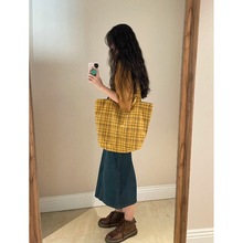 复古姜黄格纹羊毛混纺两用手提单肩包大容量学生托特包女毛呢质感