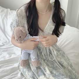 纯棉Korea夏季新款睡衣女连衣裙水墨画花边系带可外穿家居服睡裙