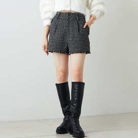 日系小香风格子短裤女小个子秋冬高腰显瘦外穿毛呢A字阔腿休闲裤