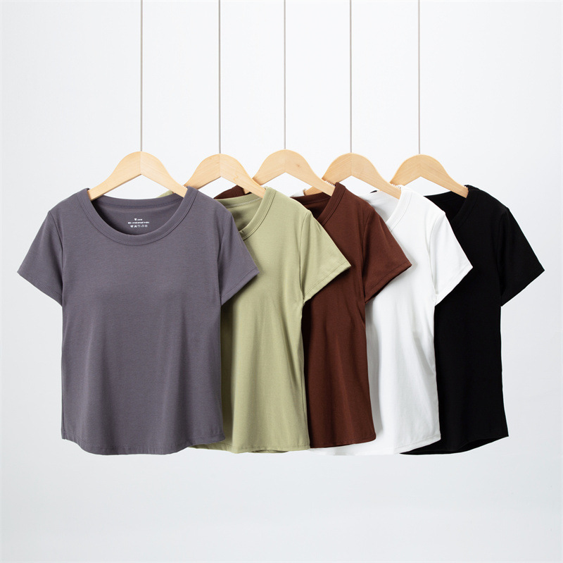 Belly-Covering Slimming Dovetail Shoulder Short-Sleeved Cotton T-Shirt Women's Outer Wearing Bra-Free Short Top Base Shirt with Chest Pad