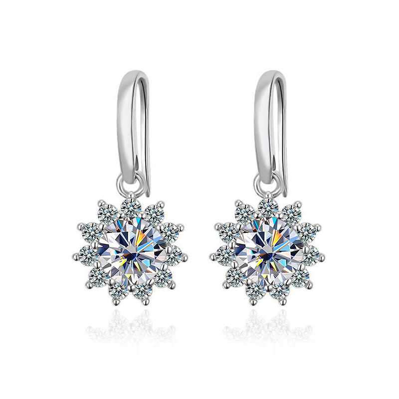 S925 plata esterlina nuevo gancho de orejas clásico simple aretes de flor de sol moissan para mujeres un quilate aretes de piedra moissan para mujeres