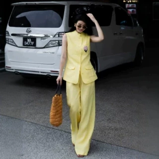 手工订珠套装亚麻套装轻熟风紫色马甲阔腿裤套装女两件套时尚套装