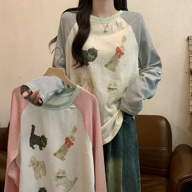 条纹插肩长袖圆领t恤女2025印花春季新款慵懒休闲宽松中长款上衣