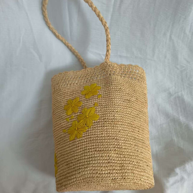 Raffia Woven Handbag, Small Bucket Bag, Woven Shoulder Bag, Holiday Handbag
