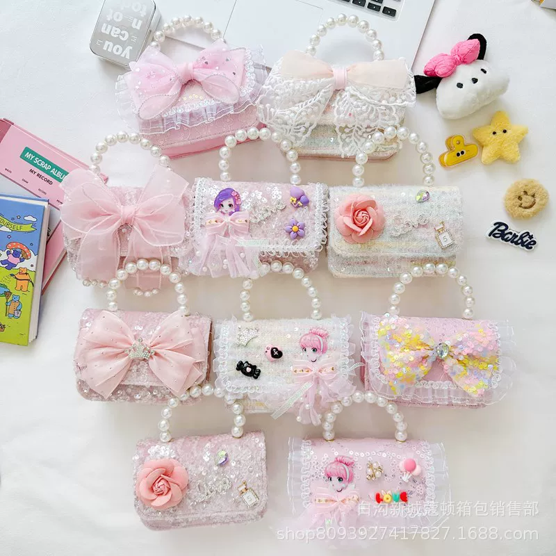 Children's summer accessory, shoulder bag from pearl, handheld small bag for princess, wallet, Chanel style, wholesale