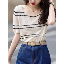 2025夏减龄小花边圆领短袖线衫摩哥鱼元创法式条纹提花针织衫上衣