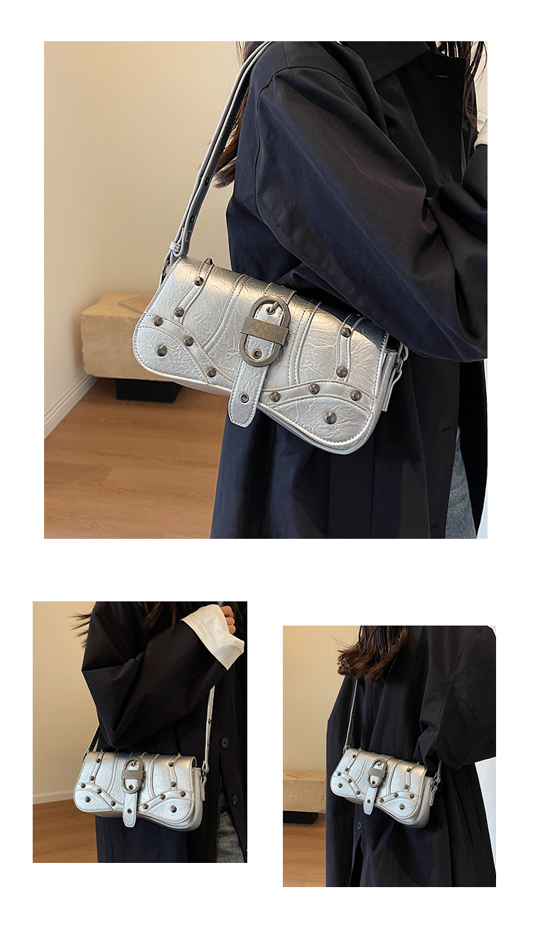 Women's Medium Pu Leather Solid Color Streetwear Rivet Lock Clasp Underarm Bag display picture 4