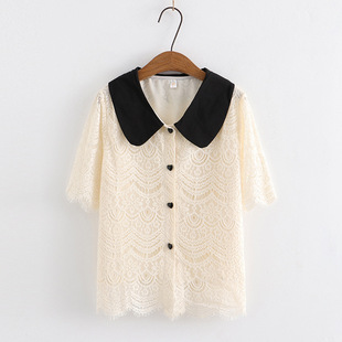 Women's Large Size Style Loose Love Button Lace Shirt Summer Loose Meat Covering Western Style Short Sleeve Top 931681