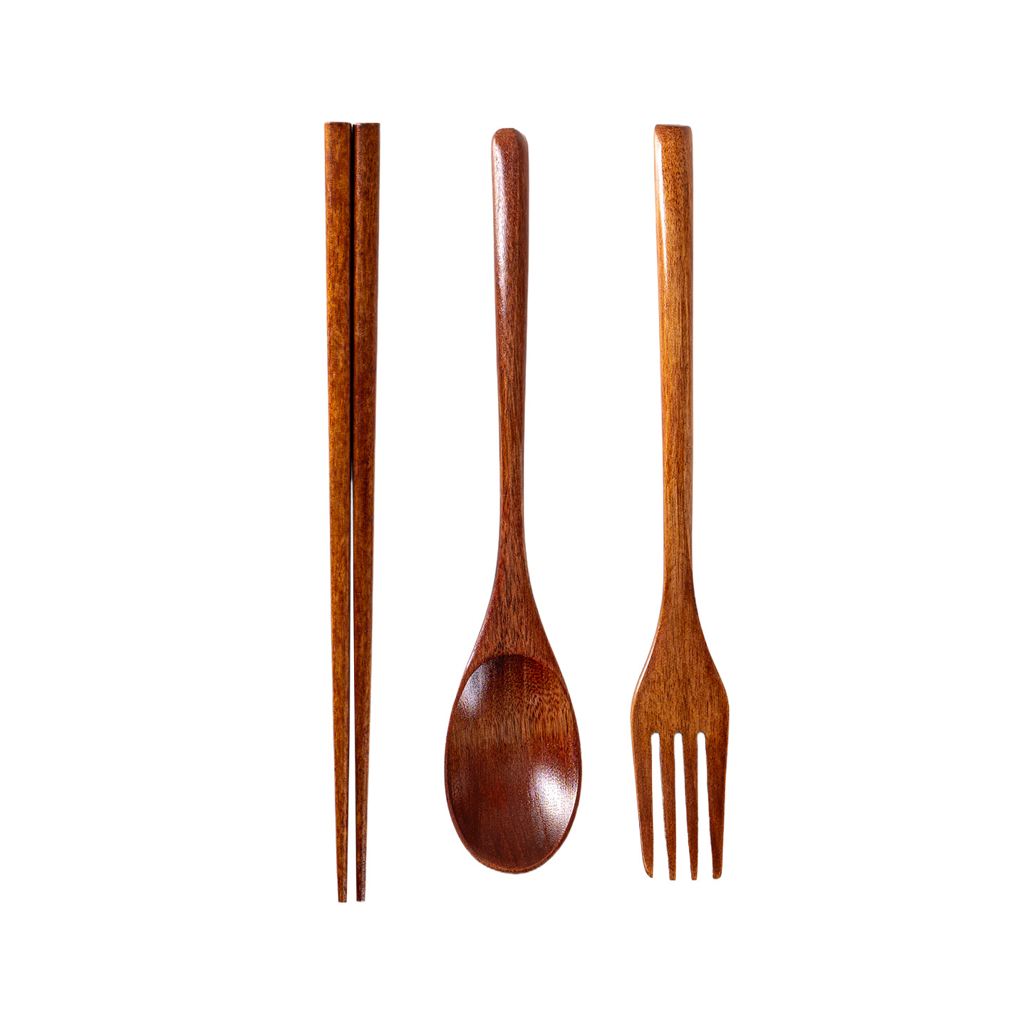 Mo Ming estilo japonés 22,5 cm palillos de madera tenedor cuchara juego de tres piezas palillos domésticos de cocina bolsa de tela de almacenamiento de alambre de red