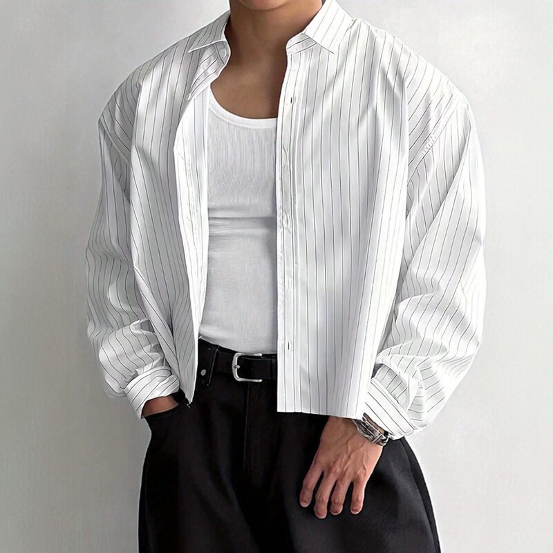2026 New Men's Striped Shirt Loose Long-Sleeve Casual Trendy Solid Color Shirt Cross-Border Foreign Trade Men's Clothing