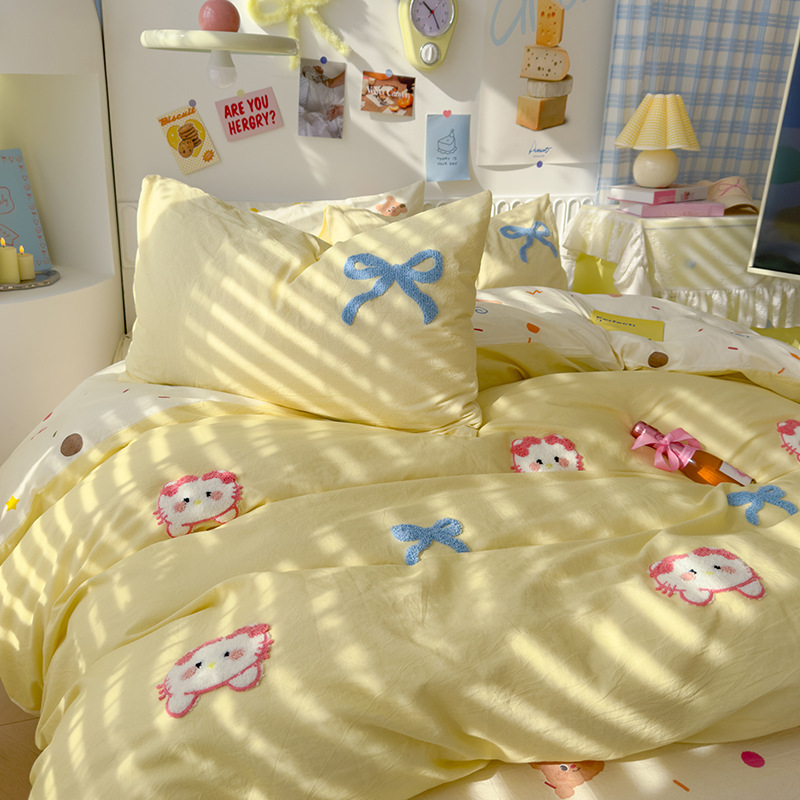 워시드 코튼 타월 자수 - 만화 곰 - 나비 고양이