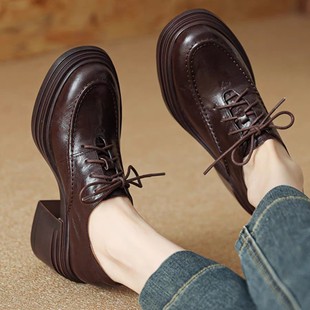 Huge comfortable! British Lace-up Genuine Leather Single Shoes Thick Sole Leather Shoes Women's 2025 Spring Thick Heel High Heels