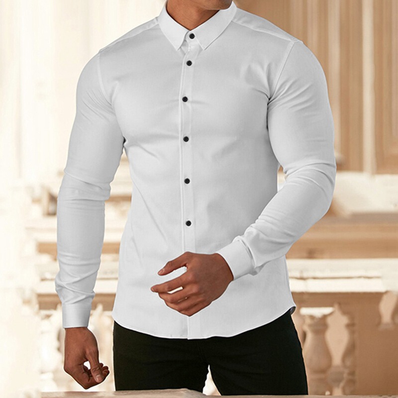 Muscle-type Men's Business Shirt Iron-free Professional Work Summer Wrinkle-resistant White Shirt Men's Long-sleeved Shirt Casual Men