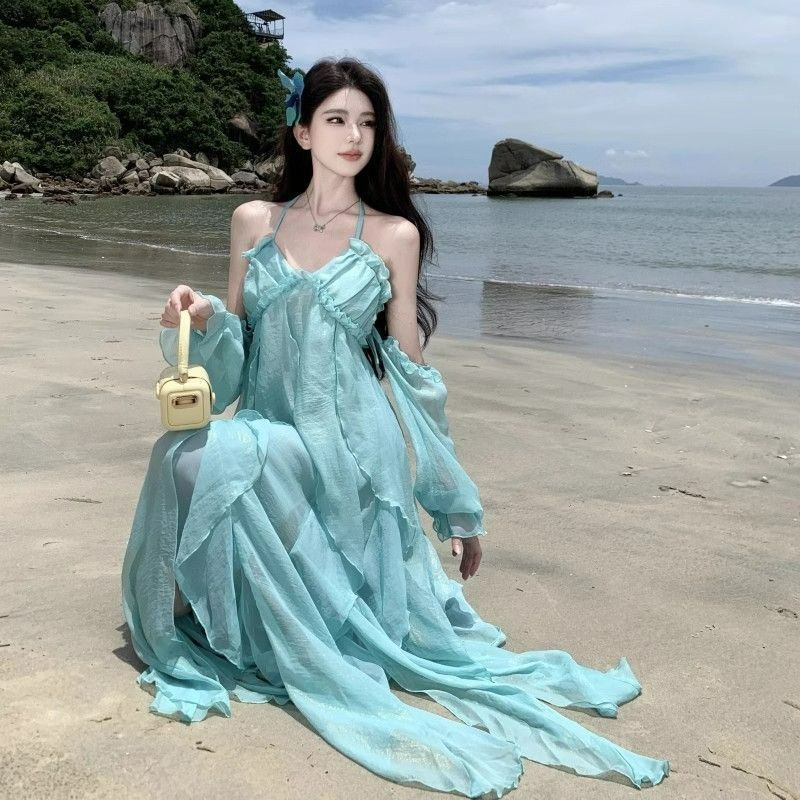 Beautiful Blue-Green Vacation-Style Spaghetti Strap Dress for Summer 2026, Perfect for Fairy Beach Photoshoots and Travel Photography Beautiful Blue-Green Vacation-Style Spaghetti Strap Dress for Summer 2026, Perfect for Fairy Beach Photoshoots and Travel Photography