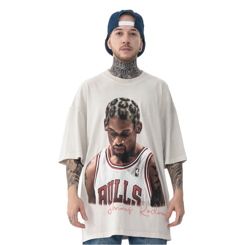 Ropa para Hombre FG | Camiseta de Manga Corta con Estampado de Rodman, Estilo Retro Europeo y Americano, Lavada y Desgastada, Nueva Tendencia Primavera/Verano 2025