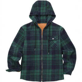 法兰绒男士格子夹克2024新款亚马逊长袖法兰绒复合毛绒休闲男外套