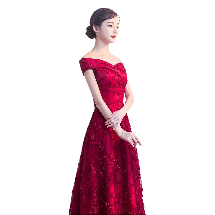 Rojo tostada vestido de novia 2024 otoño fuera del hombro largo elegante Banquete de verano y otoño vestido de noche para las mujeres