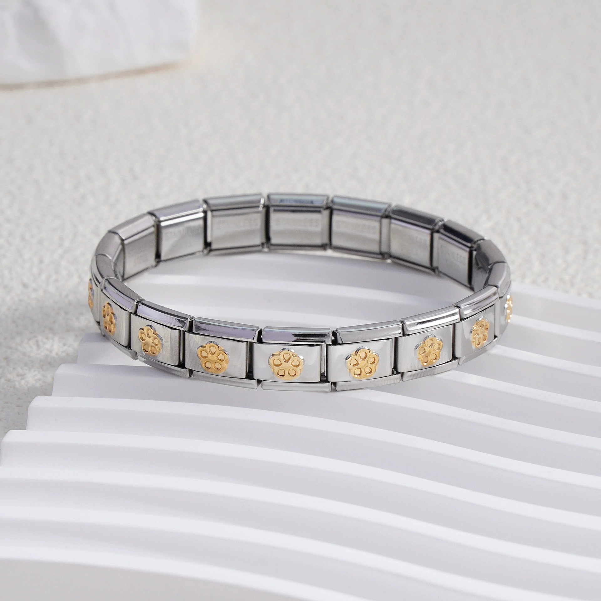 stainless steel bracelet, removable elastic link watch strap, italian european style, assorted charms