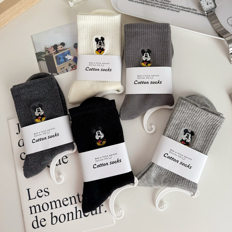 Mickey Mouse Cartoon Letters Women's Socks Autumn and Winter New Arrival Embroidered Mid-Stocking All-Match European Cute Striped Socks Bear