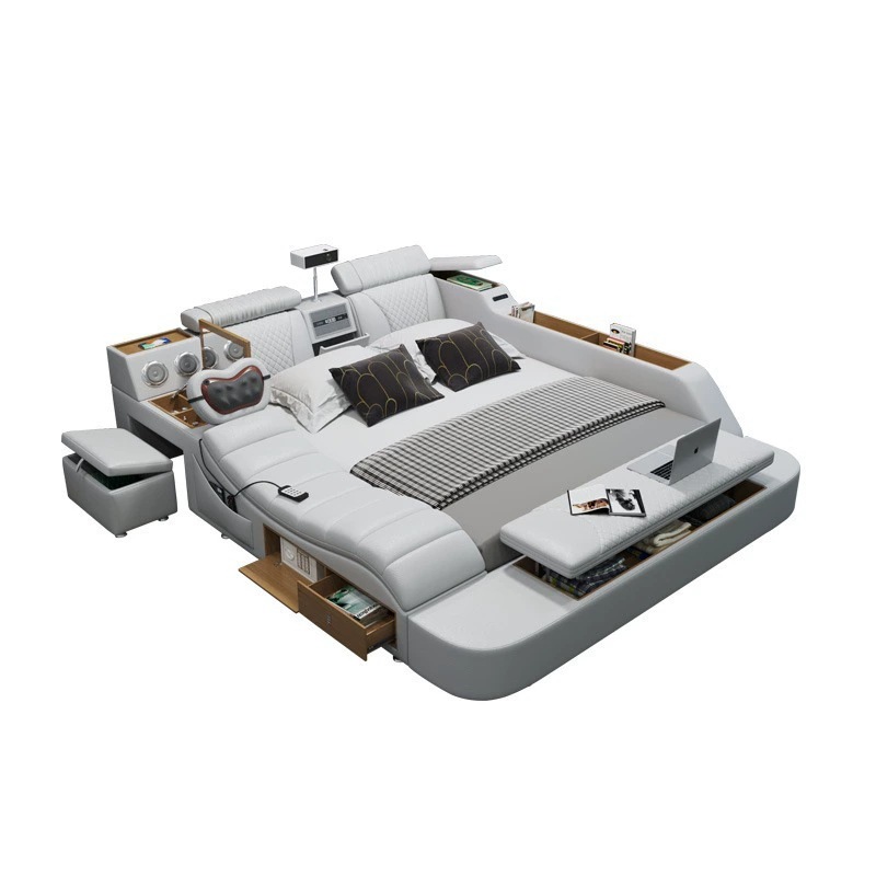 Cama de cuero genuino, cama doble de 1,8 metros, cama suave multifuncional inteligente con almacenamiento para dormitorio principal de 1,5 metros, cama de matrimonio moderna y minimalista. image 6