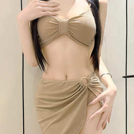 辣妹比基尼分体bikini红色性感纯欲风三件套立体花朵游泳衣女新款
