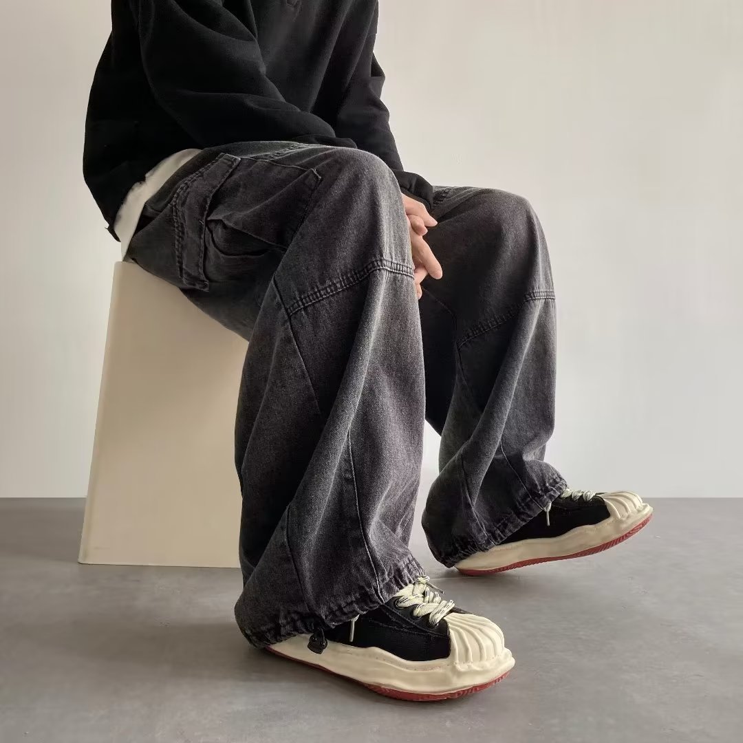 Pantalones vaqueros de cintura alta jóvenes populares perezosos de moda lavados elegantes pantalones de pierna recta de moda sueltos rectos de los hombres de primavera