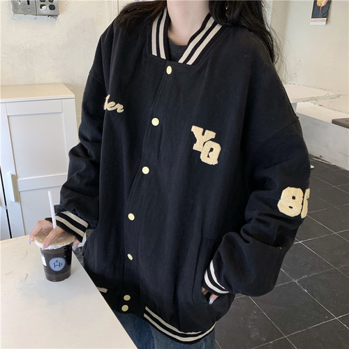 原宿风棒球服女秋装薄款卫衣2021年新款复古美式黑色学生外套ins
