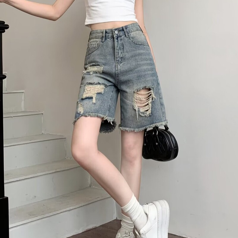 Vintage Dressed Ripped Straight Denim Shorts Women's Summer High Waist Loose Slimming Casual Rave Wide Leg Trendy Mid-length Pants Vintage Dressed Ripped Straight Denim Shorts Women's Summer High Waist Loose Slimming Casual Rave Wide Leg Trendy Mid-length Pants