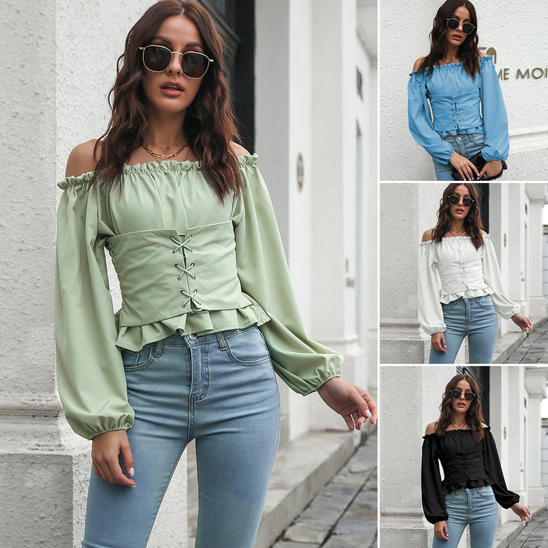Independent Station Explosions Front Strap Lantern Sleeve Off-line Collar Waist Tunic Short Top Women's Long Sleeve Chiffon Shirt New