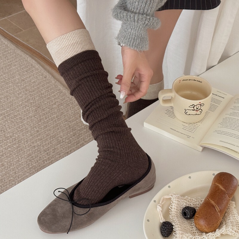 2026 Autumn/Winter New Japanese Style Double Ribbed Color-Block Knee-Length Calf Socks Slimming Design Long Women's Socks Wholesale 2026 Autumn/Winter New Japanese Style Double Ribbed Color-Block Knee-Length Calf Socks Slimming Design Long Women's Socks Wholesale
