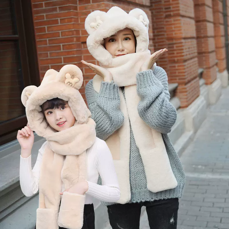 小熊帽子围巾手套一体毛茸茸加厚户外骑车保暖护耳围巾三件套帽子