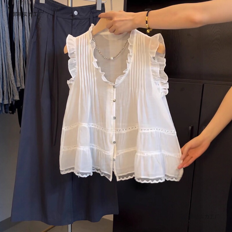 French-Style Lace V-Neck Flutter Sleeve Blouse for Women, Summer Pleated Babydoll Top, Sweet and Youthful Sleeveless Shirt
