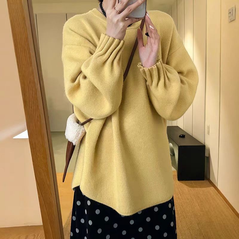 袖口褶皱设计感圆领针织衫大码女装高级感软糯套头毛衣纯色上衣女