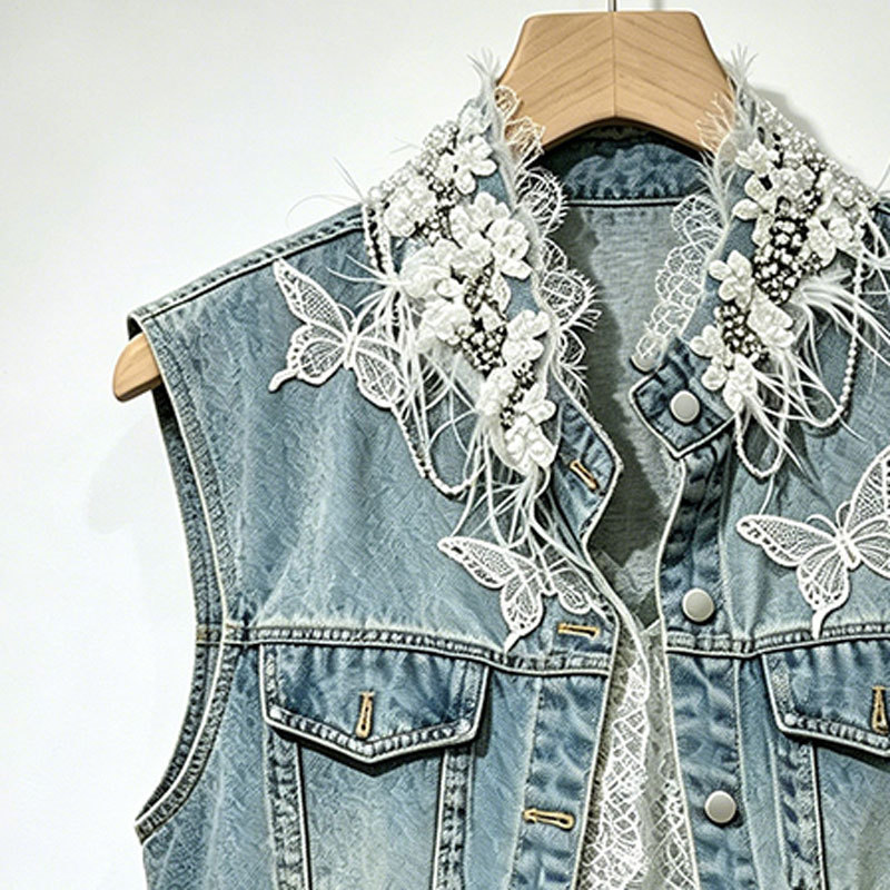 2026 primavera y verano nuevo estilo retro mano cuentas de clavos plumas encaje empalmado chaleco de vaquín camisa de mujer clip de marea image 3