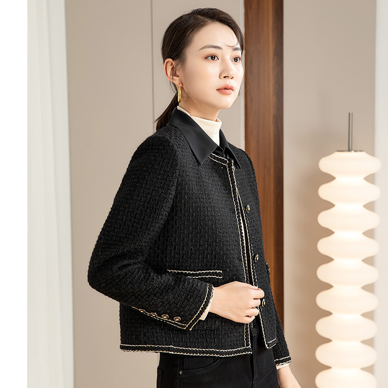 Áo khoác nữ dáng suông phối màu cổ điển tay dài mùa thu đông — Màu Đen (bao gồm cổ áo)