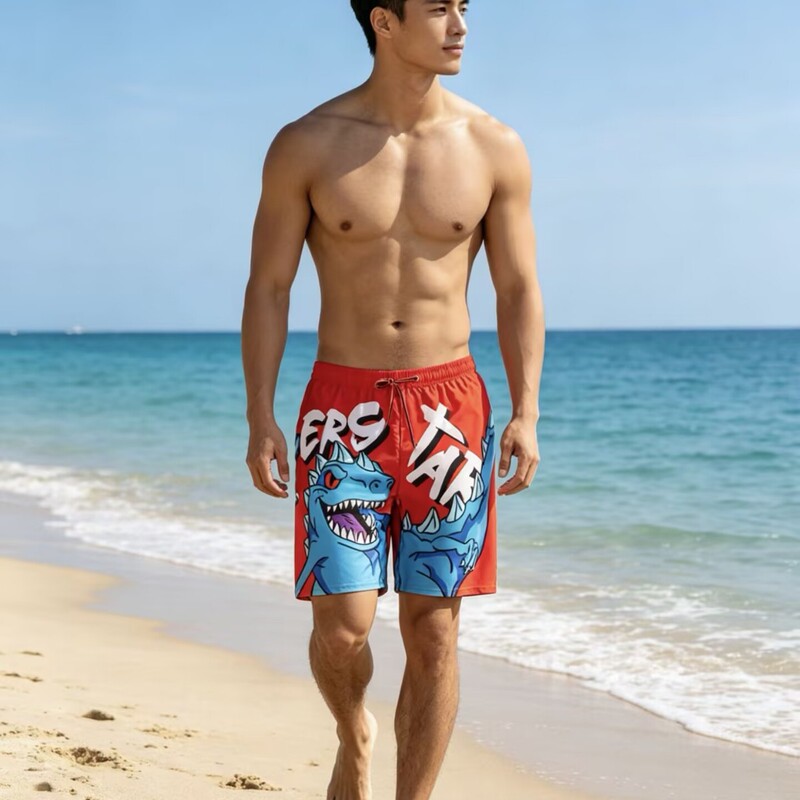 Men's New Style Beach Shorts, Large Size, Printed, Fashionable Dinosaur Swim Trunks for Pool, Hot Springs, and Beach