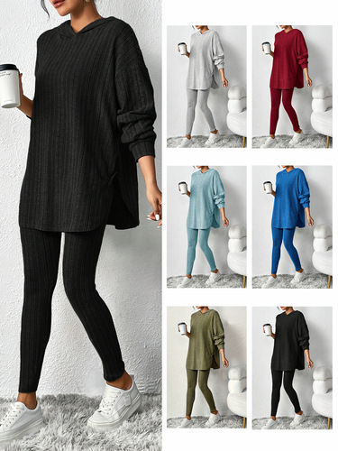 Autumn and winter European and American women's clothing pit strip loose hooded long-sleeved casual trousers threaded suit