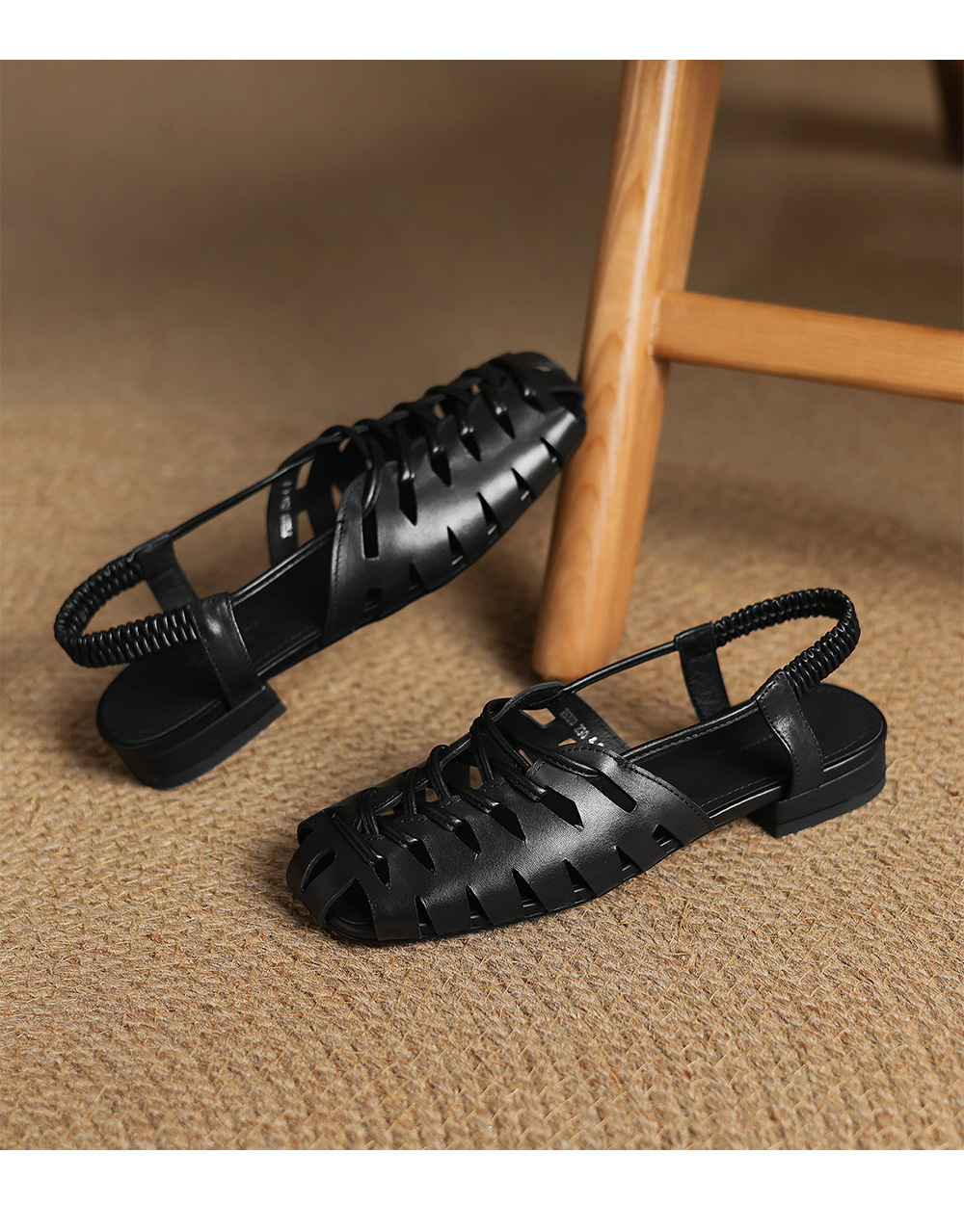 Dép sandal nữ da bò đế bệt dệt rỗng kiểu retro La Mã — đen chi tiết 22