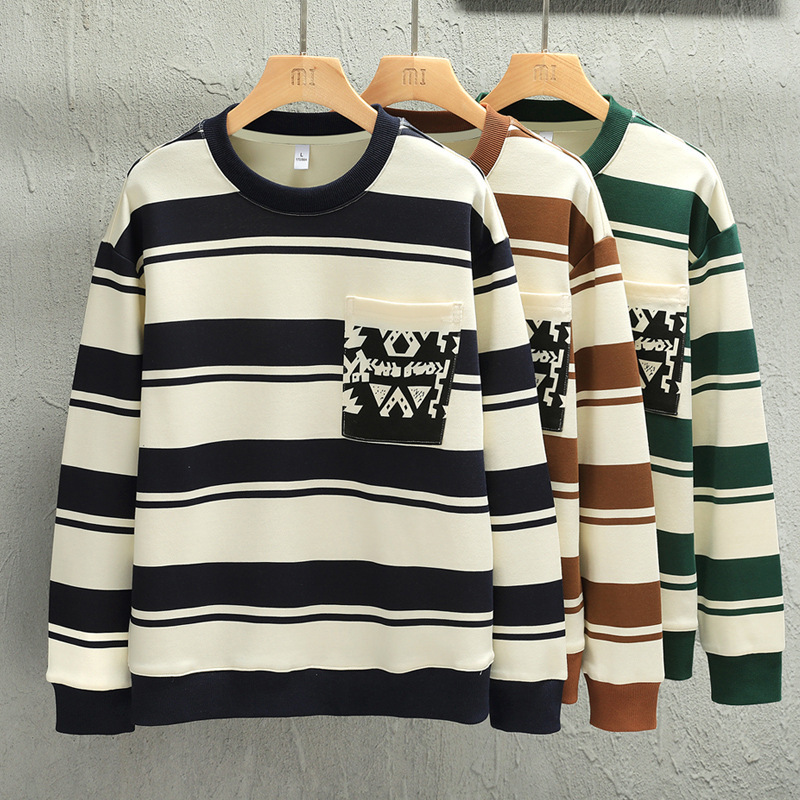 Çizgili ilkbahar ve sonbahar altları, uzun kollu üst bol gündelik moda markası yuvarlak yakalı kapüşonlu erkek stili_voghion.com