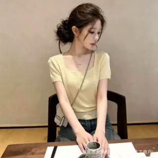 独特绝美重工钉珠烫钻气质短袖上衣夏季圆领正肩T恤 法式针织衫