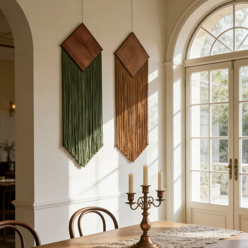 棉绳编织垂顺流苏挂毯菱形木板装饰壁挂波西米亚酒店墙上装饰挂毯