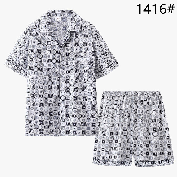 Pijamas de verano pantalones cortos de manga corta para jóvenes de los hombres conjunto de dos piezas simple cuadros sueltos de mediana edad y ancianos ropa para el hogar casual más tamaño