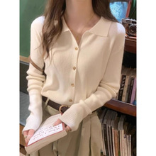 设计秋冬内搭毛衣打底翻领上衣小香风感针织开衫女领法式修身