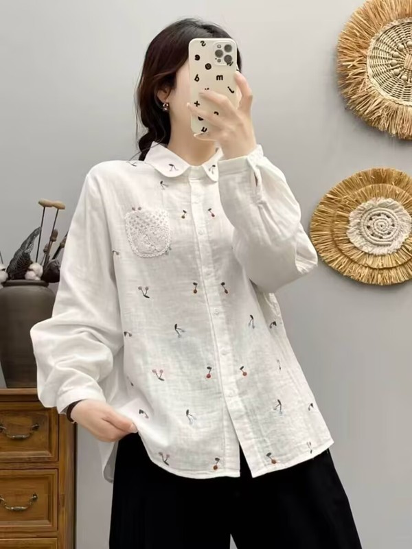 高端刺绣长袖衬衫女25文艺小清新甜美圆领蕾丝口袋百搭双层纱衬衣|undefined