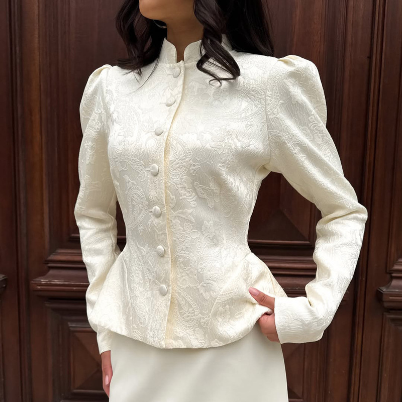European and American cross-border autumn palace-style outerwear for women, solid color, stand-up collar, jacquard, puff sleeves, waist-cinching, ruffled hem, elegant top European and American cross-border autumn palace-style outerwear for women, solid color, stand-up collar, jacquard, puff sleeves, waist-cinching, ruffled hem, elegant top