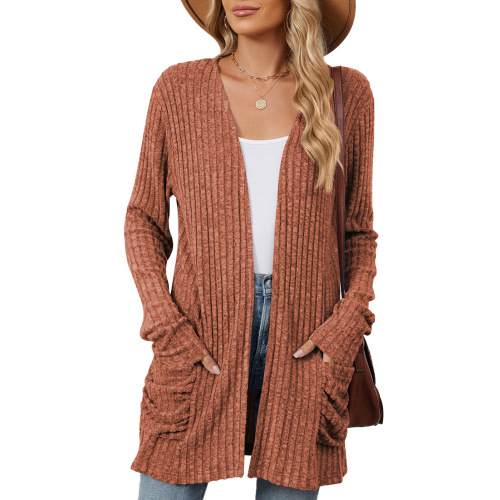 European and American pure color casual pocket long sleeve crew neck knit sweater