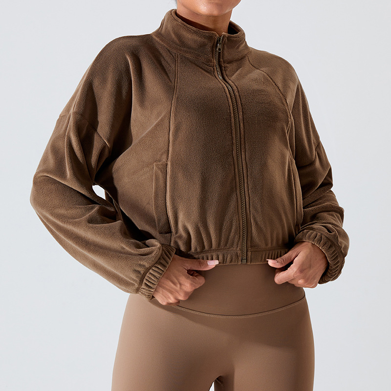 Liquidación, sin devoluciones ni cambios, chaqueta deportiva de lana austriaca resistente al viento para mujer, cuello alto, corte holgado, forrada de lana, chaqueta cálida para yoga y fitness.