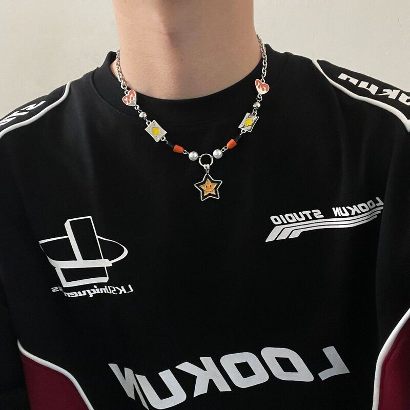 Ins National Trend Smiling Face Lucky Star Splicing Necklace Men and Women Same Style Hip-Hop High-End Clavicle Chain Sweatshirt Accessories