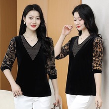 2024春秋季长袖T恤新款中年时尚金丝绒上衣拼接宽松打底气质小衫