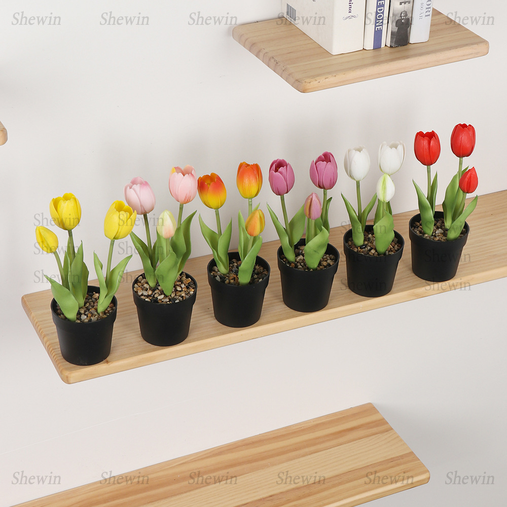 Planta Artificial de Tulipán en Maceta de Plástico de 3 Cabezas, PVC Blando, Tacto Real para Decoración del Hogar y Mesa